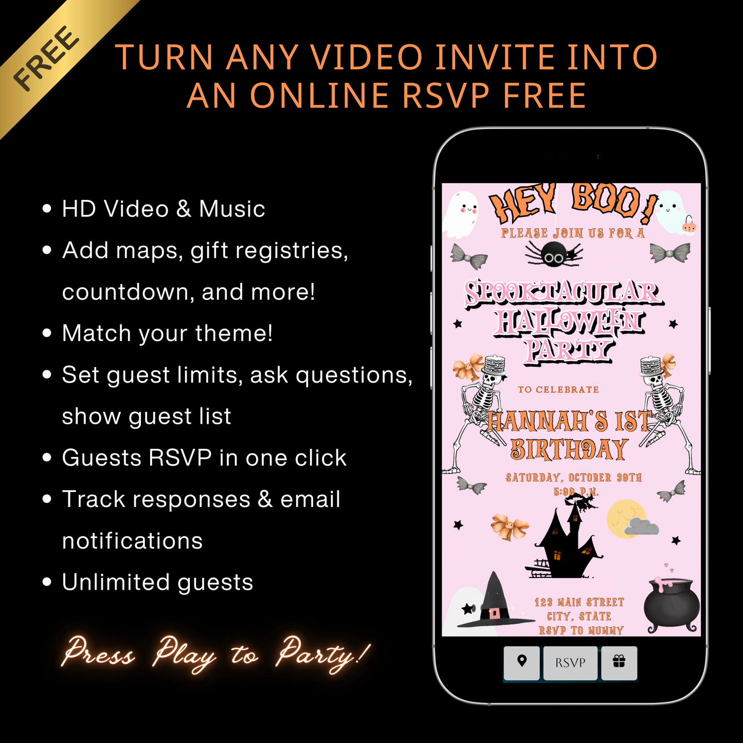 Halloween-Videoeinladung, animierte Halloween-Einladung in Pink, bearbeitbare mobile Halloween-Party-Einladung