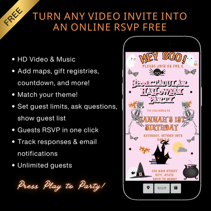 Halloween-Videoeinladung, animierte Halloween-Einladung in Pink, bearbeitbare mobile Halloween-Party-Einladung