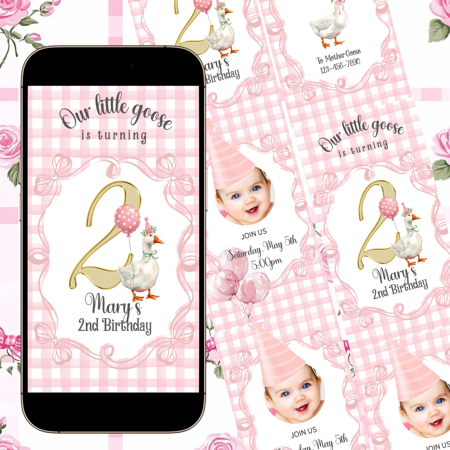 Videoeinladung zur Pink Silly Goose Party | Digitale Einladung zum 1. Geburtstag für Mädchen | Bearbeitbare Canva-Vorlage