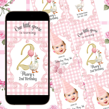 Videoeinladung zur Pink Silly Goose Party | Digitale Einladung zum 1. Geburtstag für Mädchen | Bearbeitbare Canva-Vorlage
