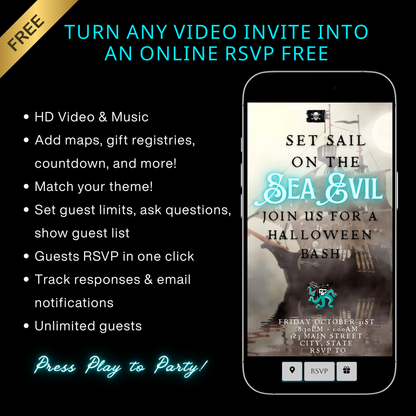Halloween-Videoeinladung, animierte Einladung mit Geisterschiff-Motiv, bearbeitbare mobile Halloween-Party-Einladung