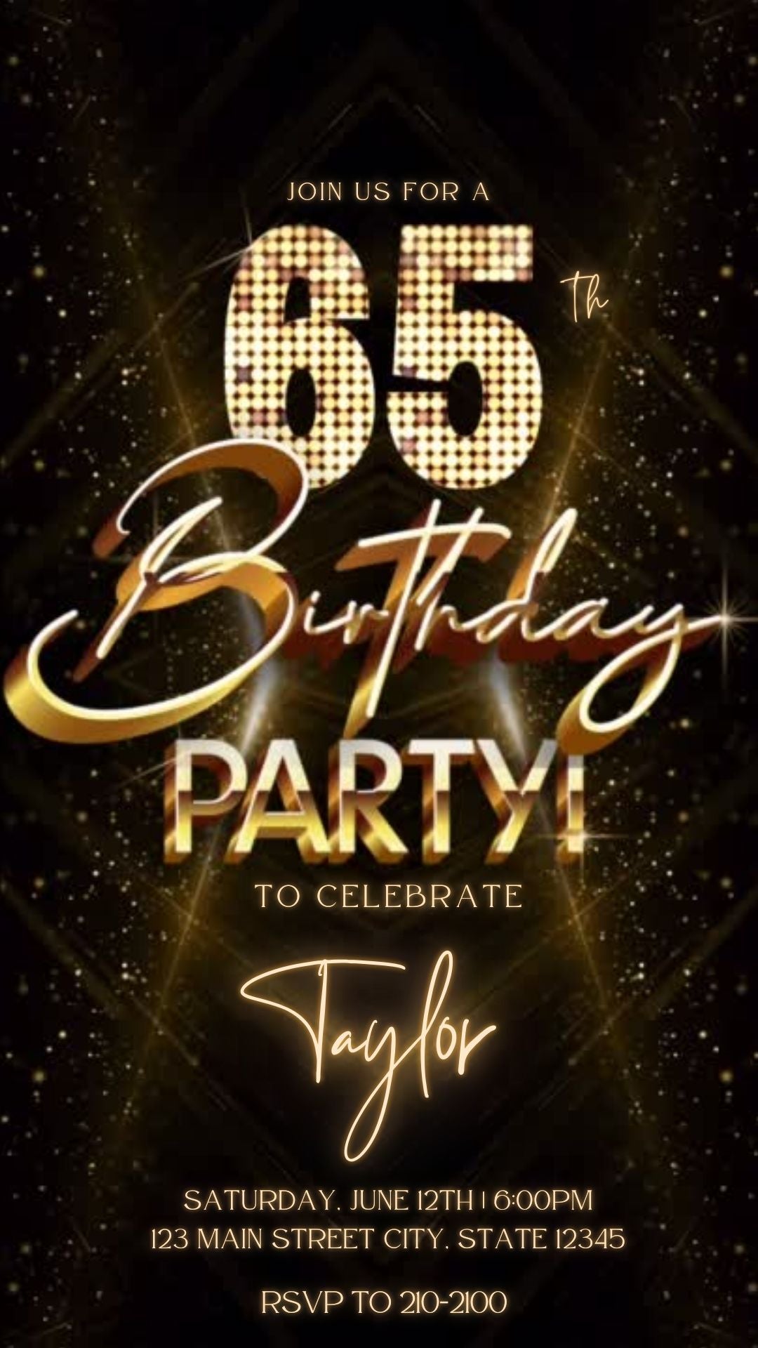 Editable gold glitter 65th birthday video invitation displayed on a mobile phone, featuring an animated vertical digital invite with music, created in Canva. This premium video invitation template is designed for sharing by text, email, and social media and works with an interactive RSVP website for easy guest response tracking.