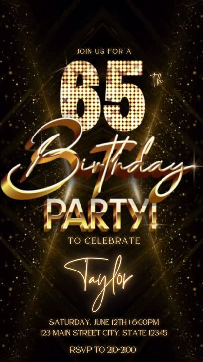 Editable gold glitter 65th birthday video invitation displayed on a mobile phone, featuring an animated vertical digital invite with music, created in Canva. This premium video invitation template is designed for sharing by text, email, and social media and works with an interactive RSVP website for easy guest response tracking.
