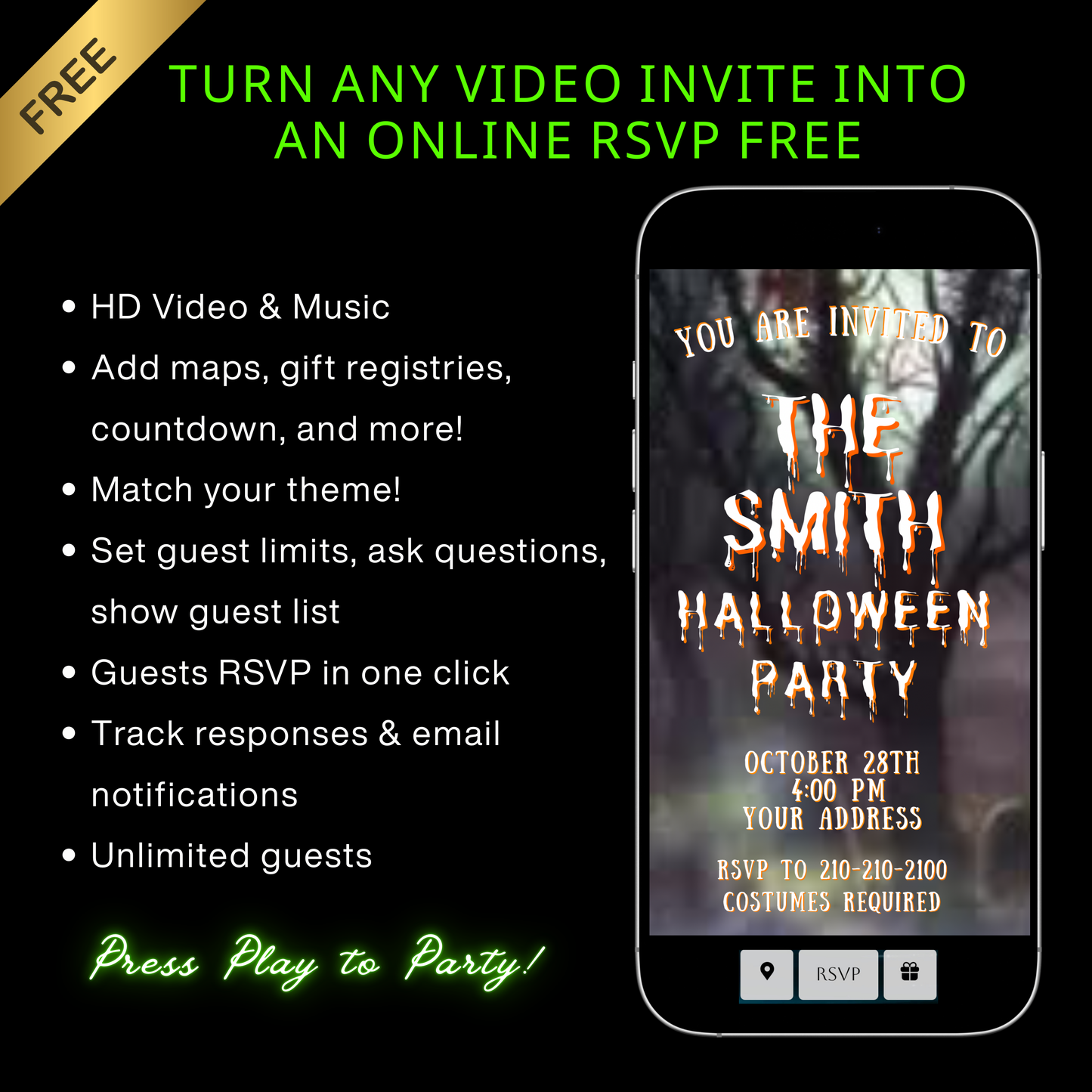 Halloween-Videoeinladung, animierte Einladung zum Spukwald, bearbeitbare mobile Halloween-Party-Einladung