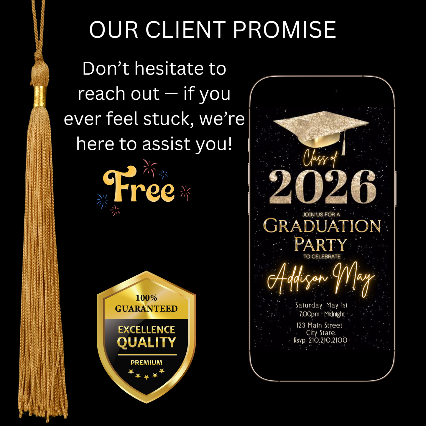 Graduation Party Video Invitation | Black and Gold Graduation RSVP Invite | Editable Online RSVP Evite Canva Template