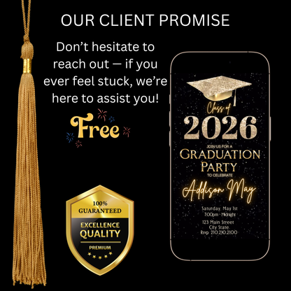 Graduation Party Video Invitation | Black and Gold Graduation RSVP Invite | Editable Online RSVP Evite Canva Template