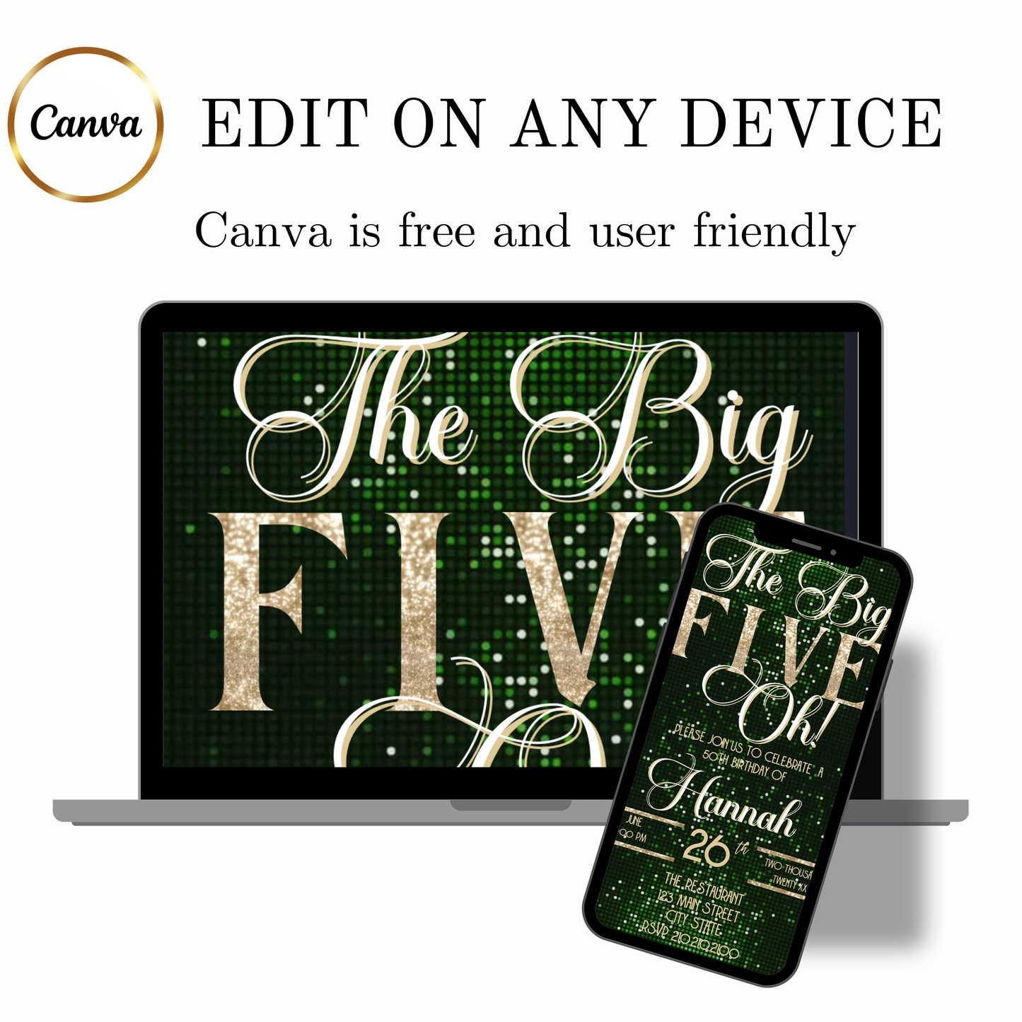 Green and Gold 50th Birthday Video Invitation –  RSVP tracking website - Editable Canva Animated Invite