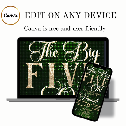 Green and Gold 50th Birthday Video Invitation –  RSVP tracking website - Editable Canva Animated Invite