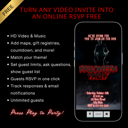 Halloween-Videoeinladung, animierte Zombie-Einladung, bearbeitbare mobile Einladung zur Halloween-Party