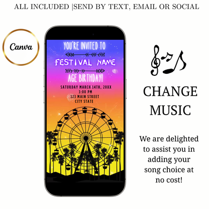 Bearbeitbare Coachella-Videoeinladung | Animierte Geburtstagseinladung für mobile Musikfestivals | Canva-Videoeinladungsvorlage