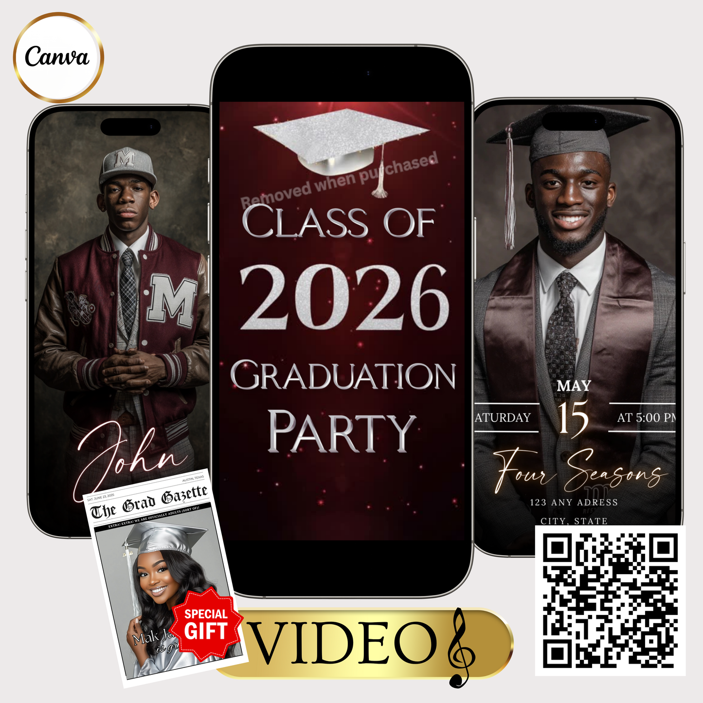 Graduation Party Video Invitation | Maroon Graduation RSVP Invite | Editable Online RSVP Evite Canva Template