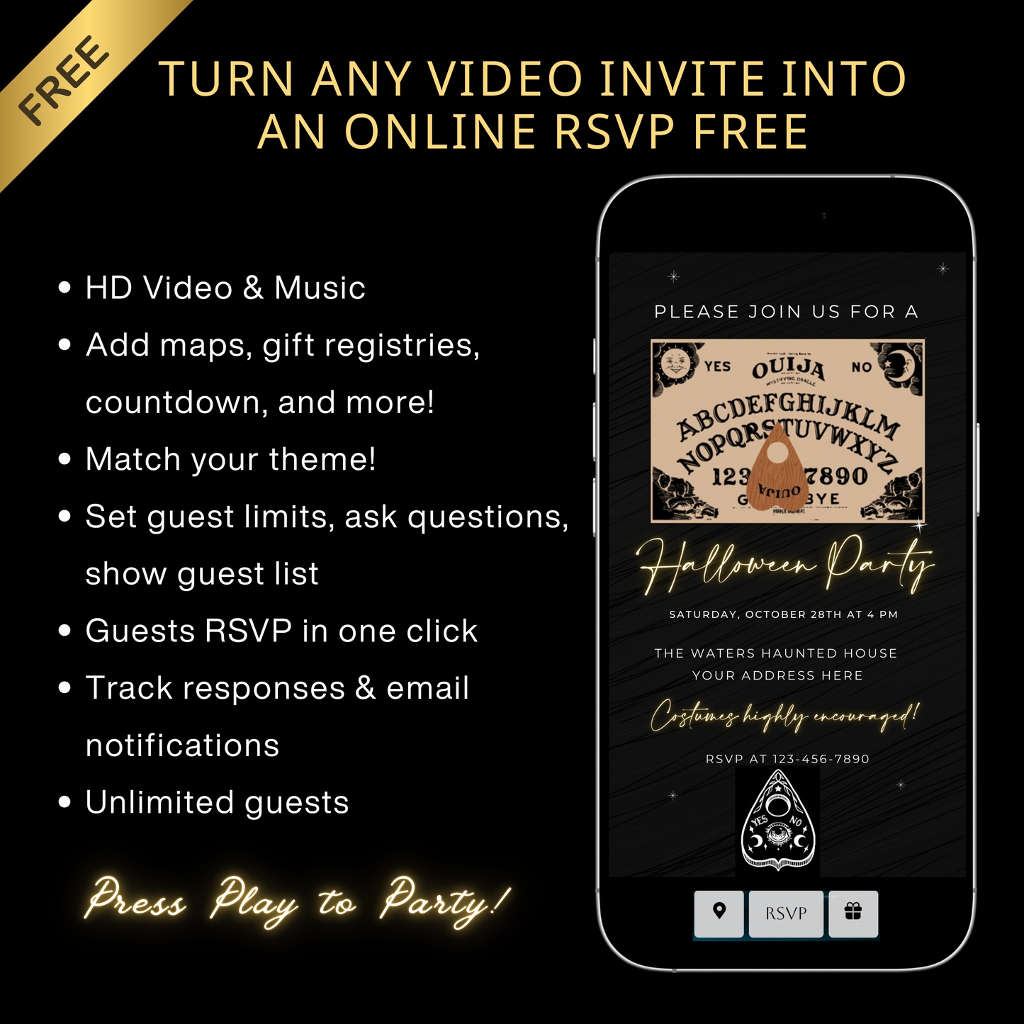 Halloween-Videoeinladung, animierte Einladung mit Ouija-Brett, bearbeitbare mobile Einladung zur Halloween-Party