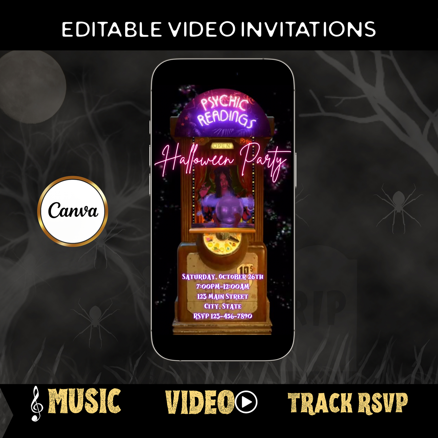 Halloween-Videoeinladung, animierte Einladung mit Wahrsager-Motiv, bearbeitbare mobile Einladung zur Halloween-Party