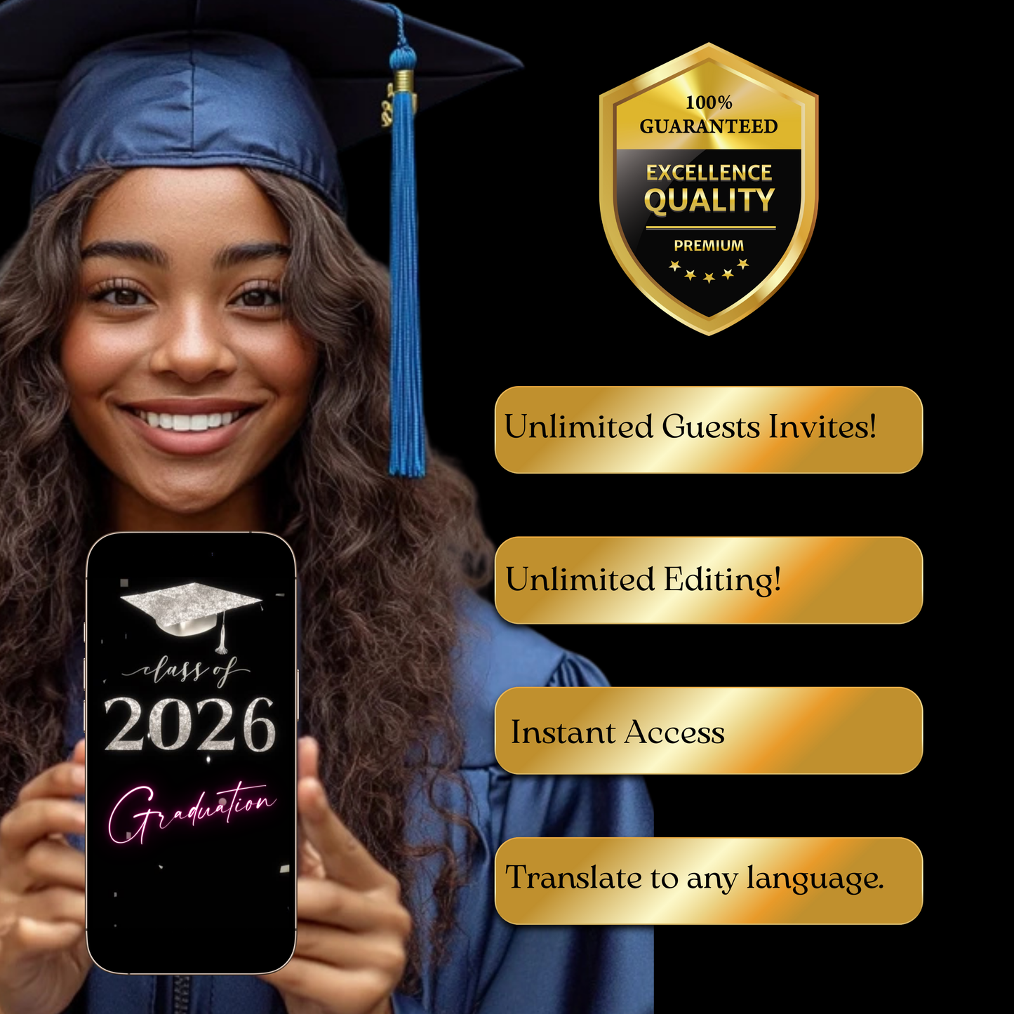 2026 Graduation Party Video Invitation | Digital Pink Graduation Invite | Editable Online RSVP Evite Canva Template