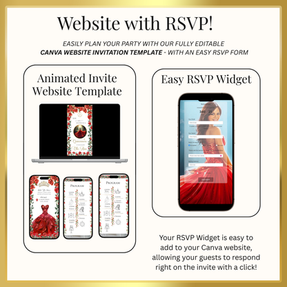 Einladung zur Quinceañera mit roten Rosen | Einladung zur Sweet 15/16 mit RSVP-Tracking | Canva-Vorlage