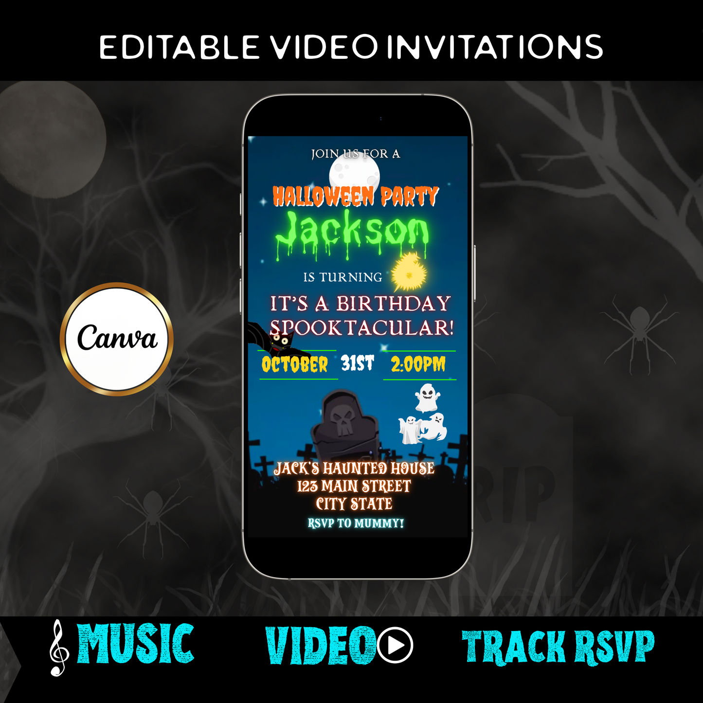 Halloween Video Invitation | Animated Halloween Digital Evite | Editable Canva Invite Template