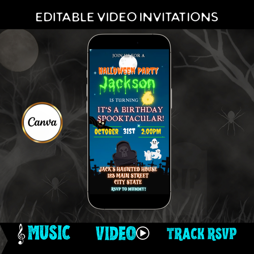 Halloween Video Invitation | Animated Halloween Digital Evite | Editable Canva Invite Template