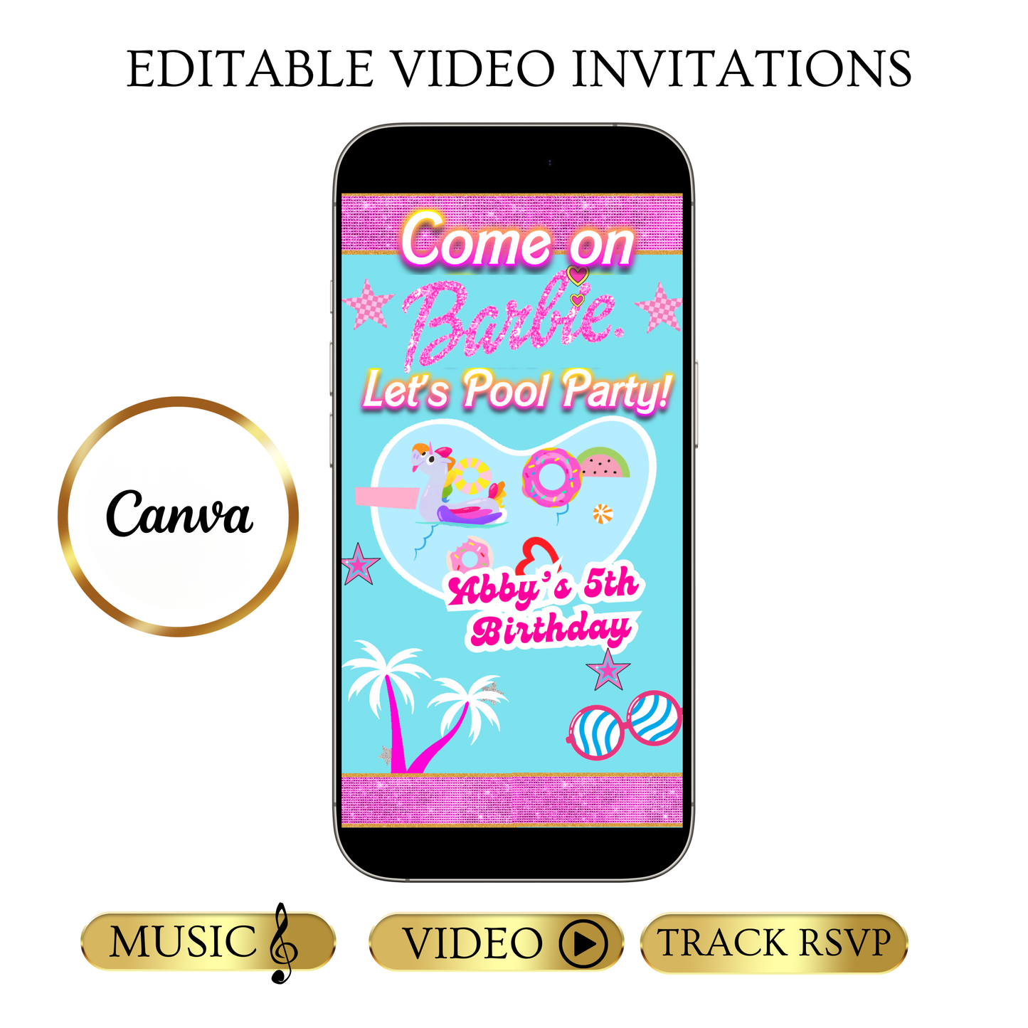 Bearbeitbare Barbie-Videoeinladung | Animierte digitale Einladung mit pinkfarbener Barbie | Bearbeitbare Canva-Einladungsvorlage