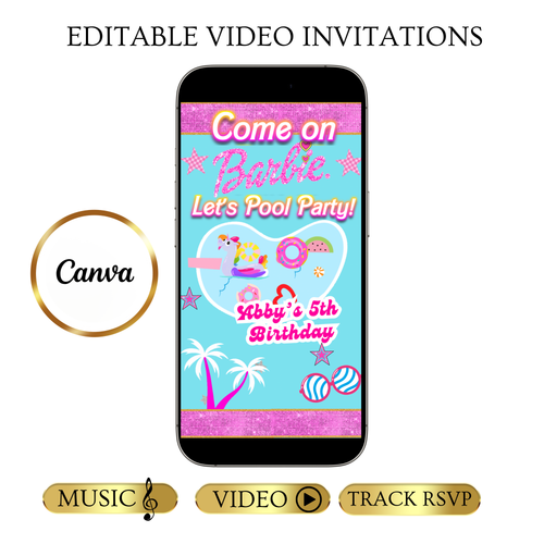 Bearbeitbare Barbie-Videoeinladung | Animierte digitale Einladung mit pinkfarbener Barbie | Bearbeitbare Canva-Einladungsvorlage