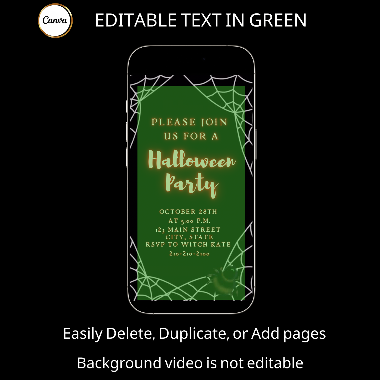 Halloween-Videoeinladung, animierte Einladung im Spinnennetz-Stil