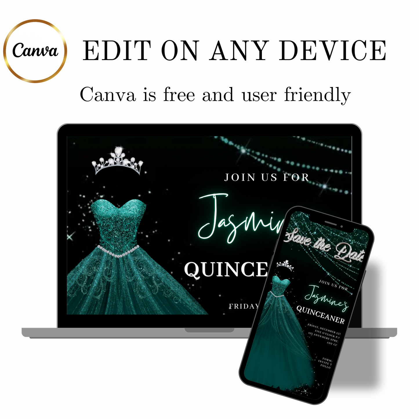 Teal Green Quinceanera Video Invite | Sweet 15 16 Quince RSVP Tracker | Editable Save the Date Canva Evite Template