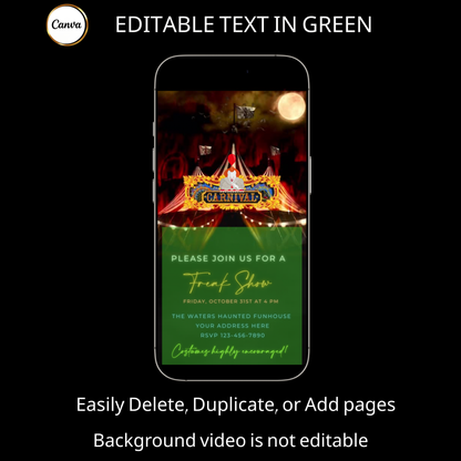 Halloween-Videoeinladung, animierte Karnevalseinladung, bearbeitbare mobile Halloween-Partyeinladung