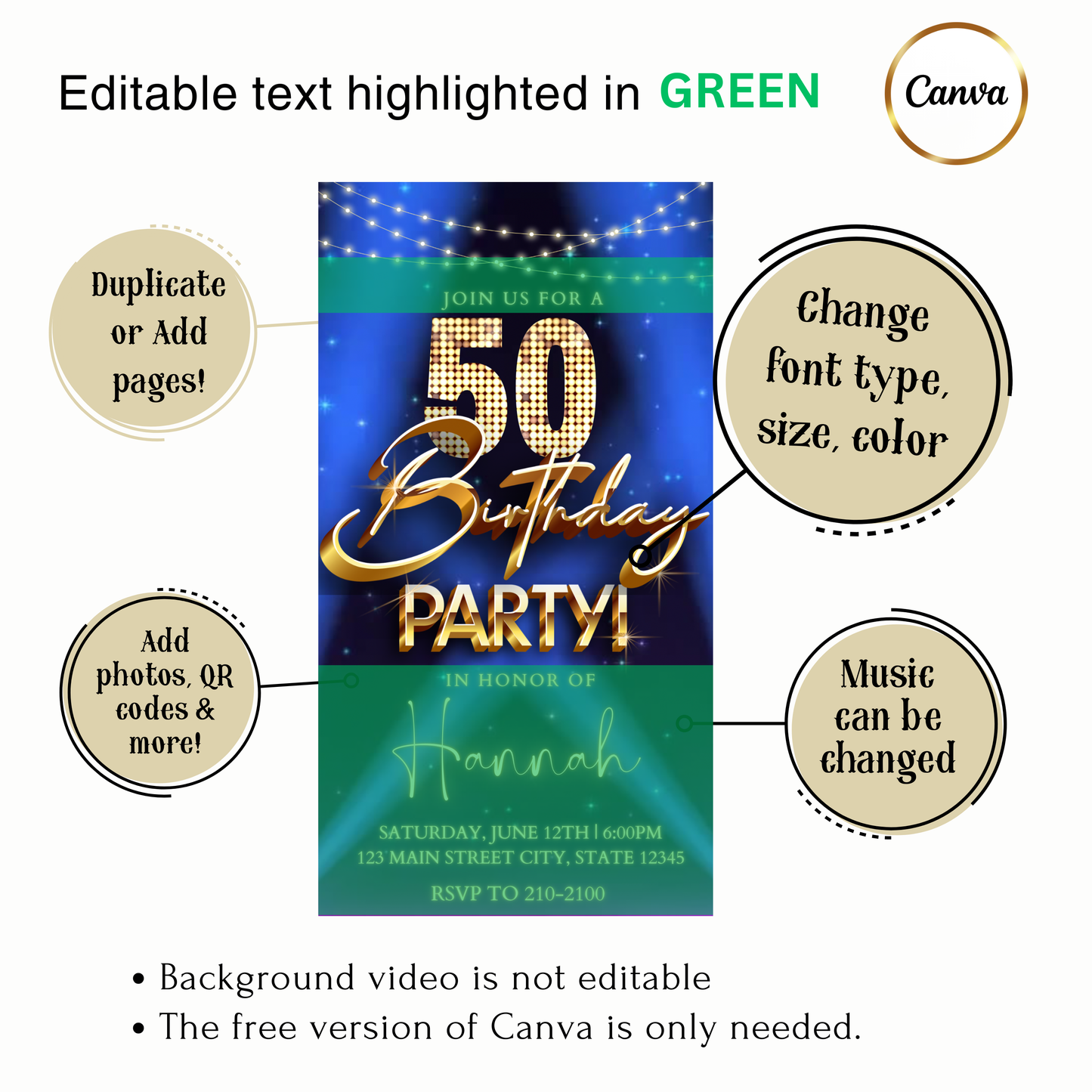 50th Birthday Party Video Invitation | Digital Hollywood Animated Invite | Editable Canva Evite Template