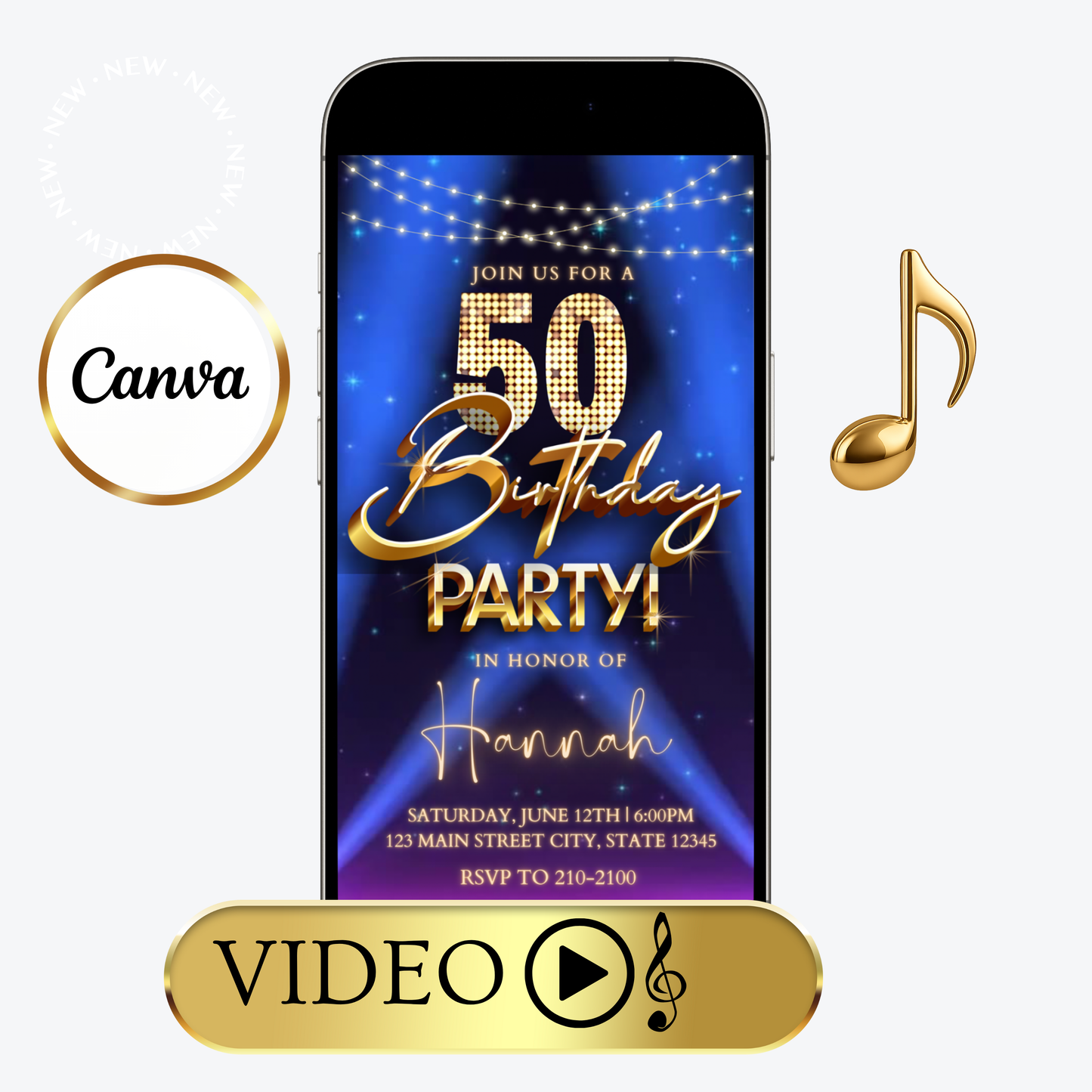 50th Birthday Party Video Invitation | Digital Hollywood Animated Invite | Editable Canva Evite Template