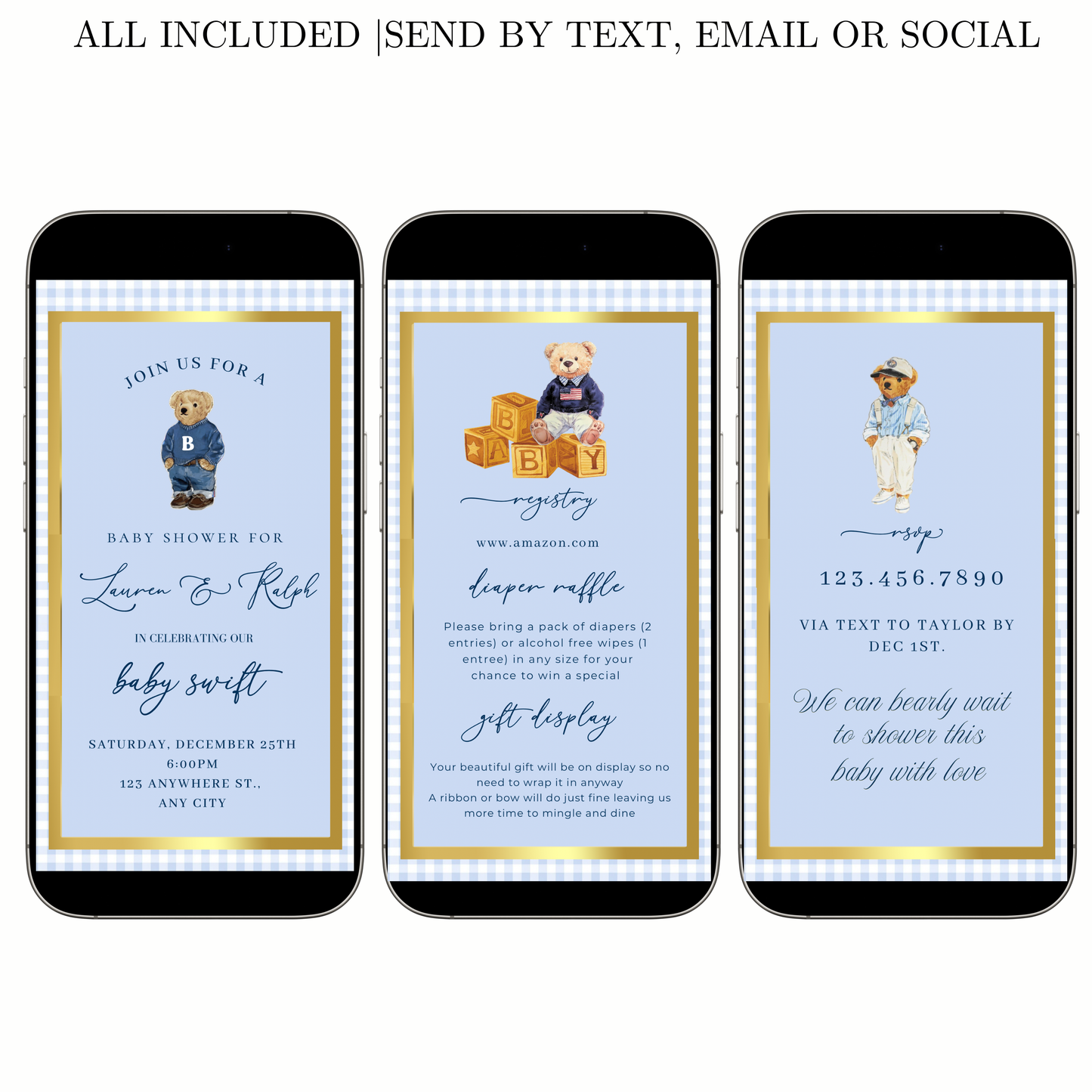 Polo Bear Video Invitation | Digital Preppy Blue Boy Baby Shower RSVP Tracker Invite | Editable Canva Template