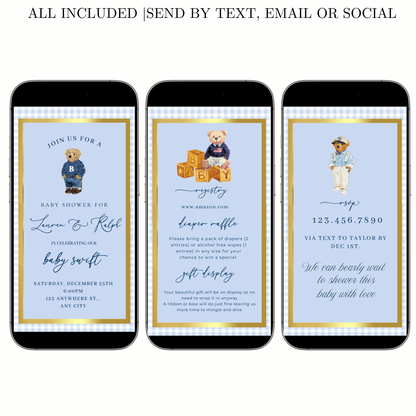 Polo Bear Video Invitation | Digital Preppy Blue Boy Baby Shower RSVP Tracker Invite | Editable Canva Template