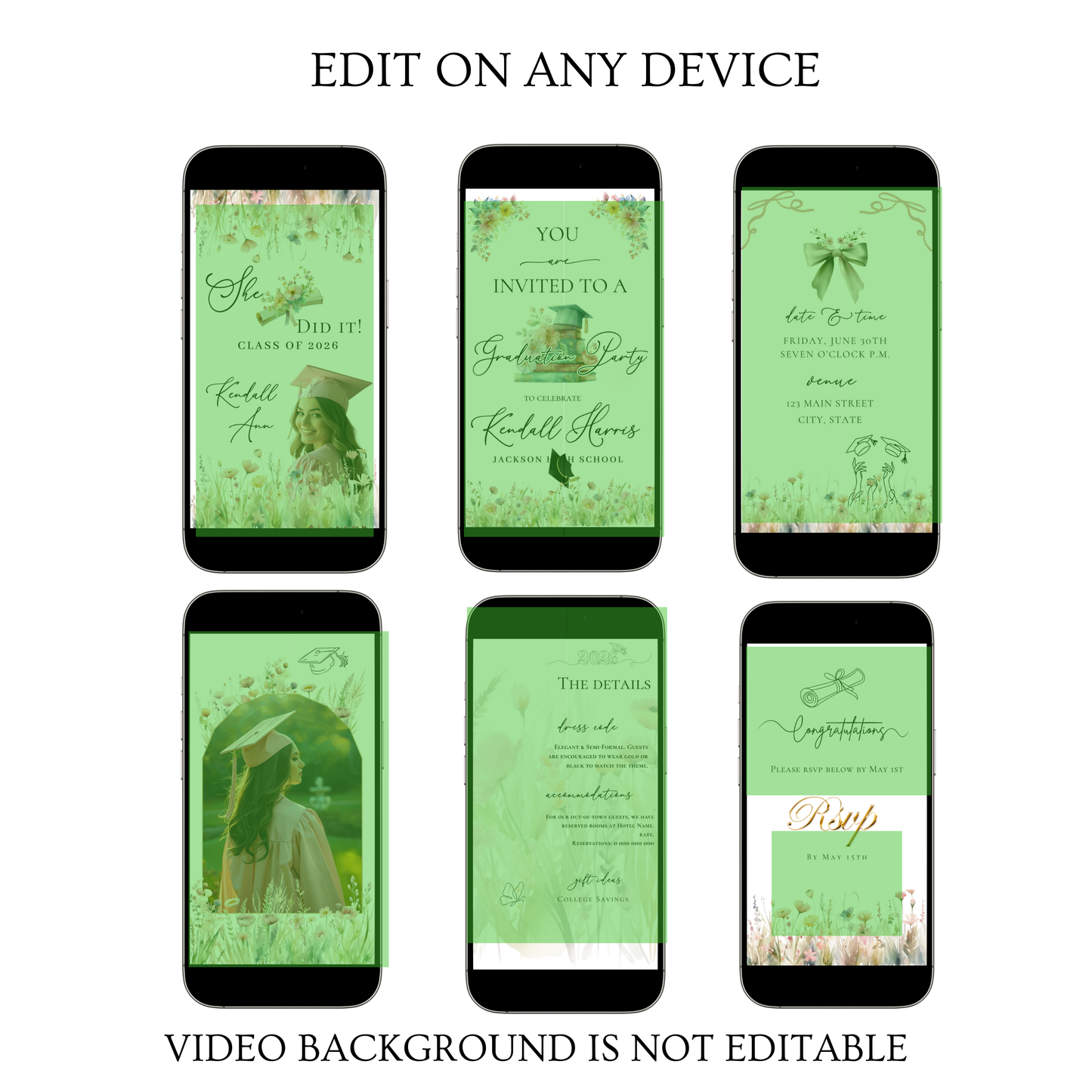 Graduation Party Video Invitation | Spring Floral Graduation Invite for Her | Editable Online RSVP Evite Canva Template