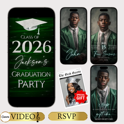 Graduation Party Video Invitation | Class of 2026 Green and Silver Invite for Him | Editable Online RSVP Evite Canva Template