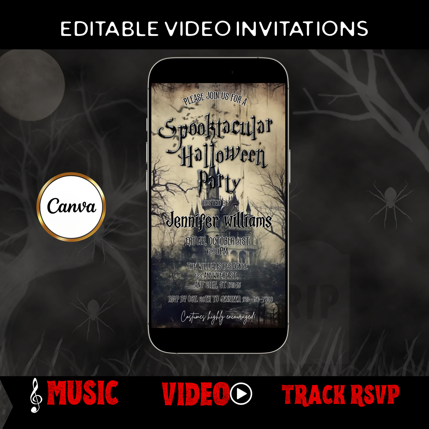 Halloween-Videoeinladung, animierte Halloween-Einladung mit Gruselmotiv, bearbeitbare mobile Einladung zur Halloween-Party