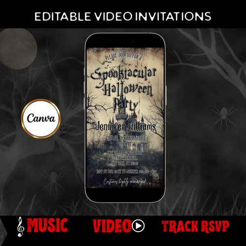 Halloween-Videoeinladung, animierte Halloween-Einladung mit Gruselmotiv, bearbeitbare mobile Einladung zur Halloween-Party