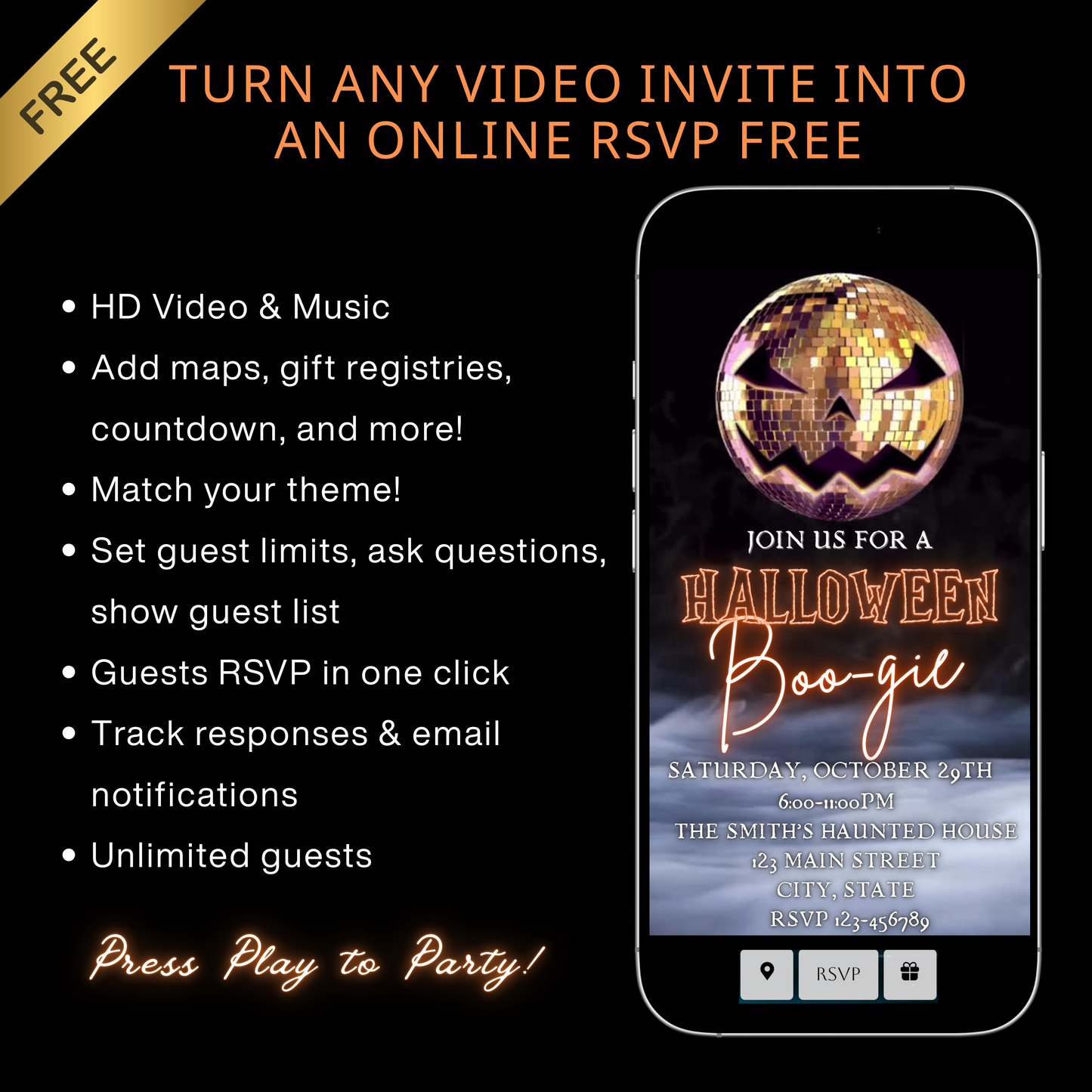 Halloween-Videoeinladung, animierte Discoween-Einladung, bearbeitbare mobile Halloween-Party-Einladung