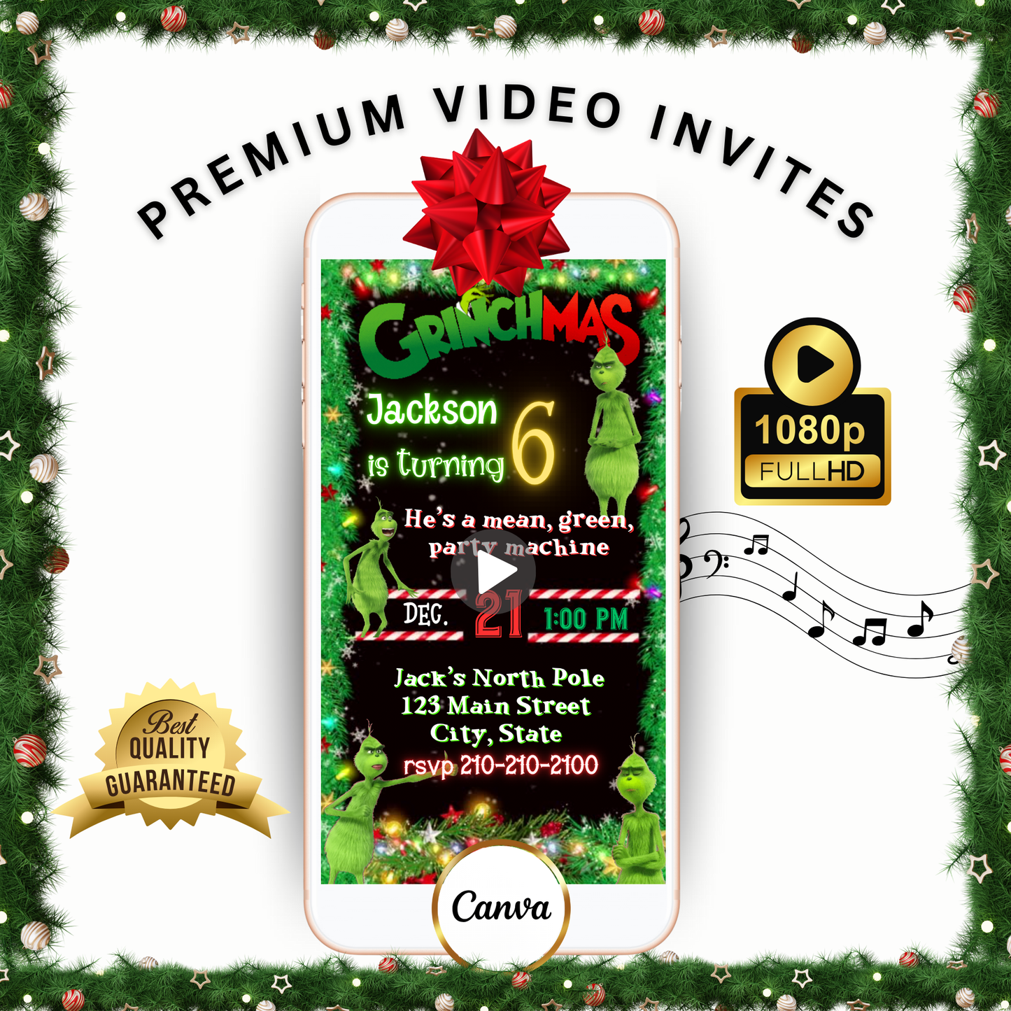 The Grinch Video Invitation | Digital Christmas Invite | Editable Canva Template