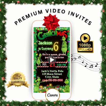 The Grinch Video Invitation | Digital Christmas Invite | Editable Canva Template
