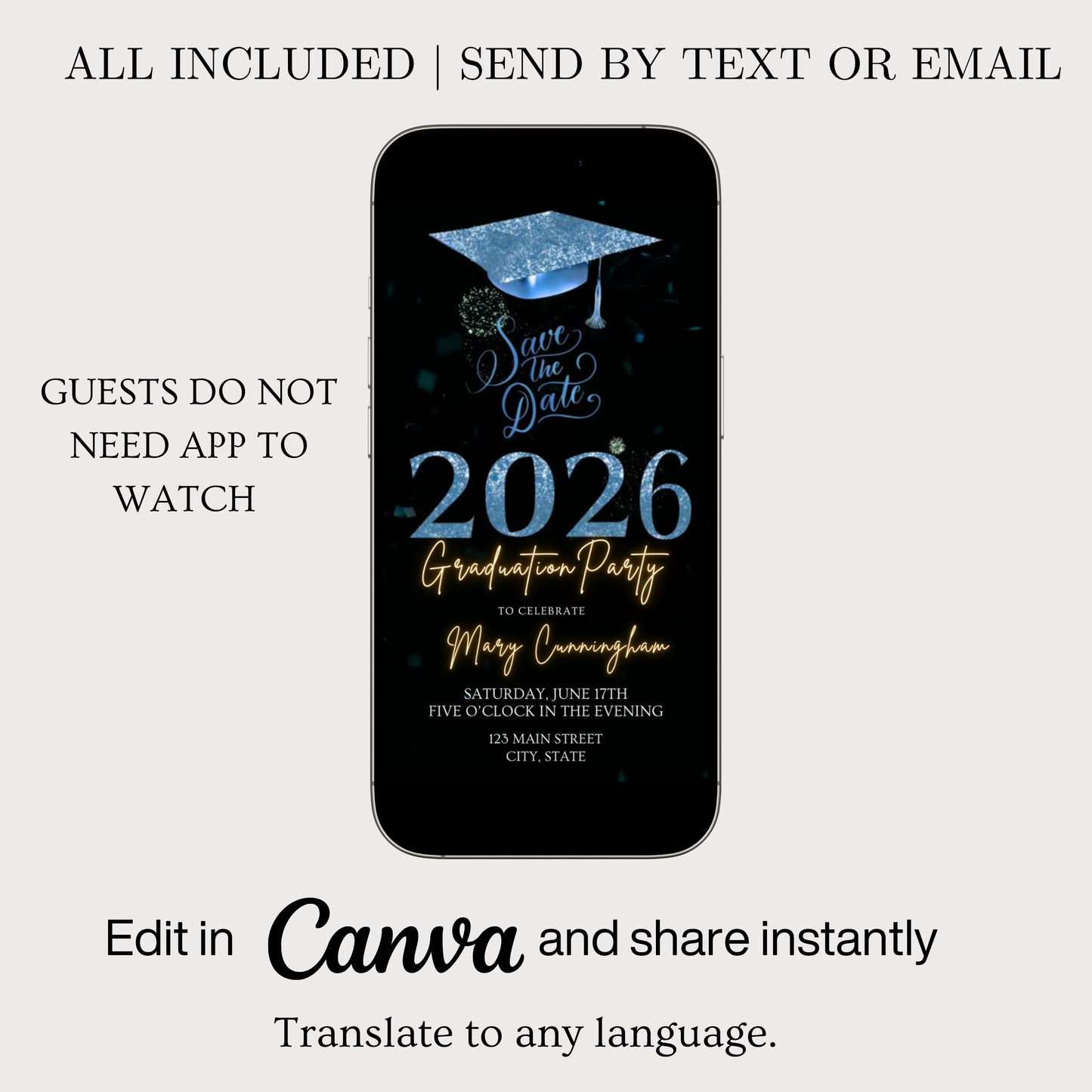 Blue Graduation Party Video Invitation | Class of 2026 Photo Invite | Editable Online RSVP Evite Canva Template