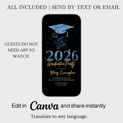 Blue Graduation Party Video Invitation | Class of 2026 Photo Invite | Editable Online RSVP Evite Canva Template