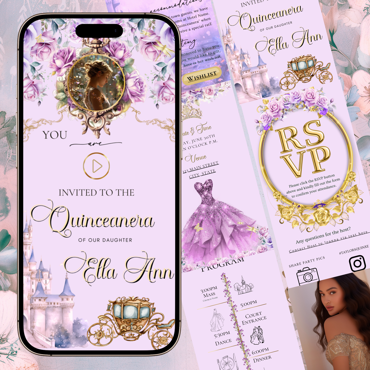 Rapunzel Quinceanera Website Invite |  Sweet 15 16 Evite RSVP Video Invitation | Canva Template