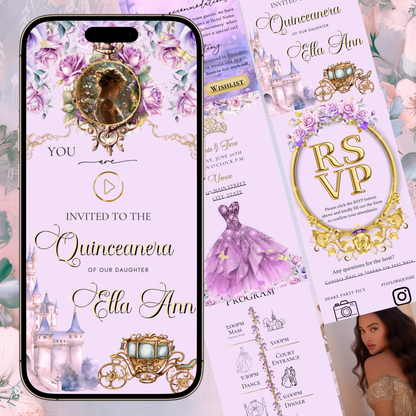 Rapunzel Quinceanera Website Invite |  Sweet 15 16 Evite RSVP Video Invitation | Canva Template