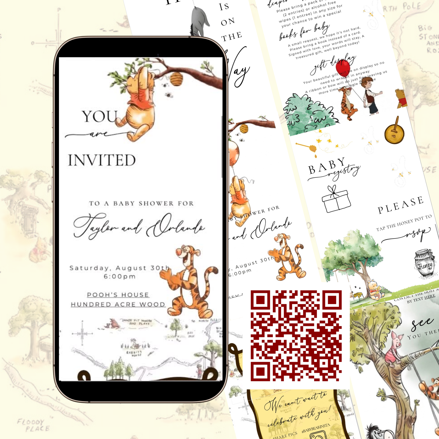 Classic Winnie the Pooh Baby Shower Invite Website with Music and RSVP | Pooh Bear Baby Shower Interactive SMS RSVP
