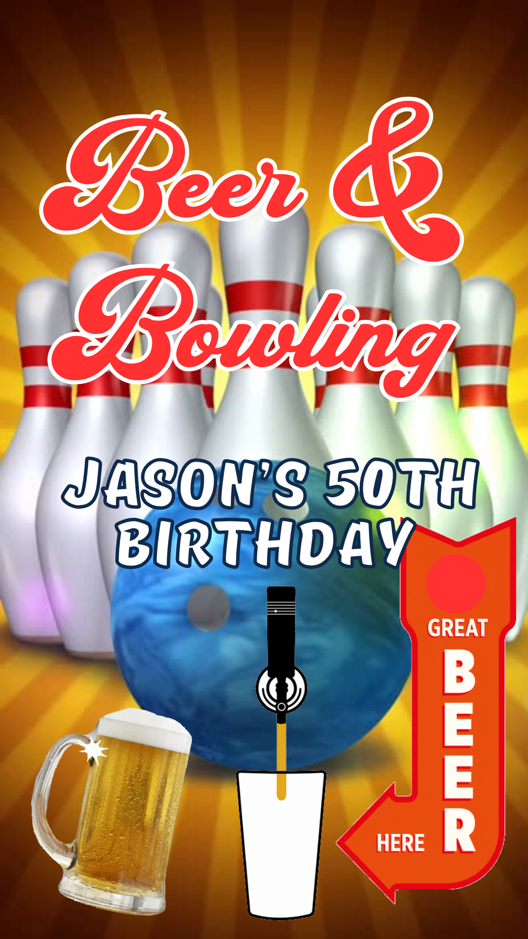 Bowling alley pins digital invite template