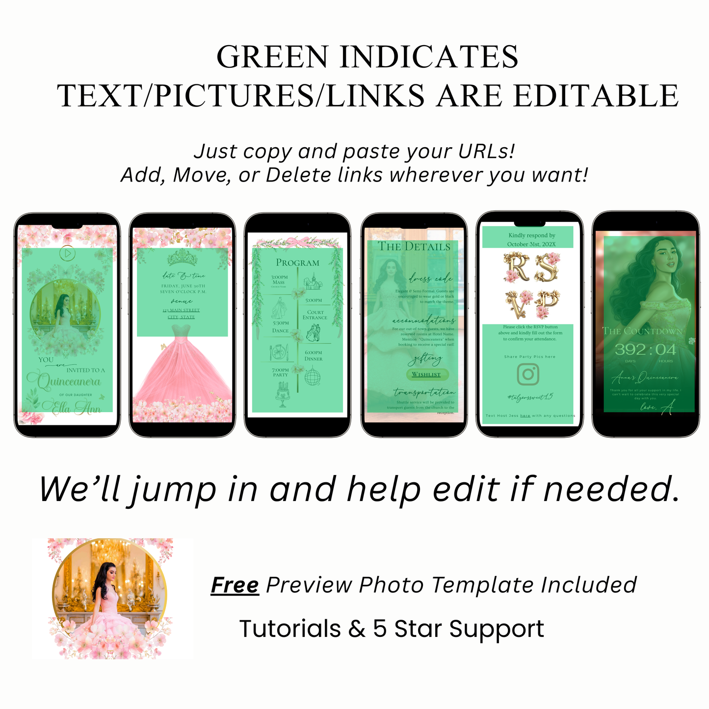 Pink Floral Quinceanera Website Invite |  Sweet 15 16 Evite RSVP Video Invitation | Canva Template