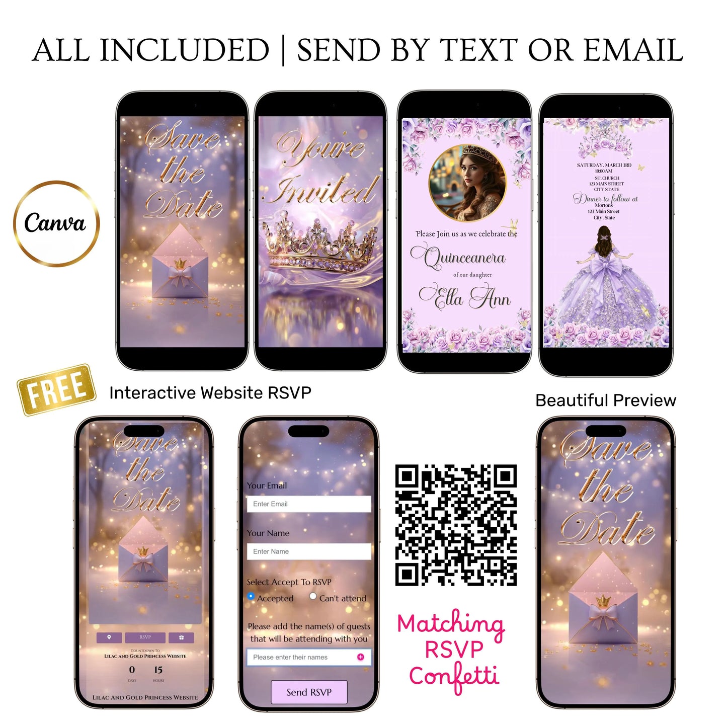 Lilac and Pink Quinceañera Video Invitation Canva Template with envelope opening