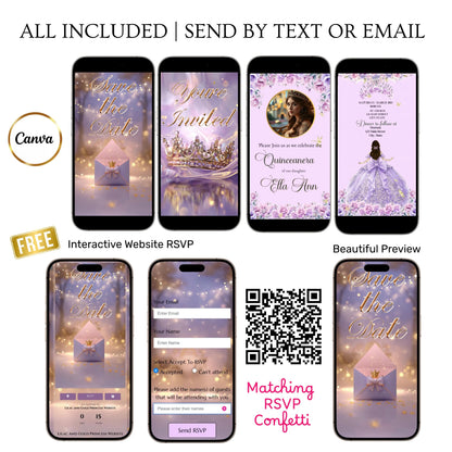 Lilac and Pink Quinceañera Video Invitation Canva Template with envelope opening