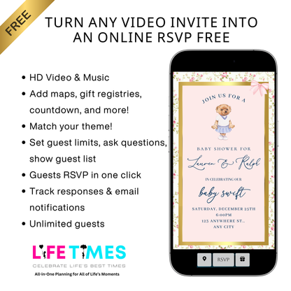 Pink Polo Bear Video Invitation | Digital Preppy Pink Spring RSVP Tracker Invite | Editable Canva Template