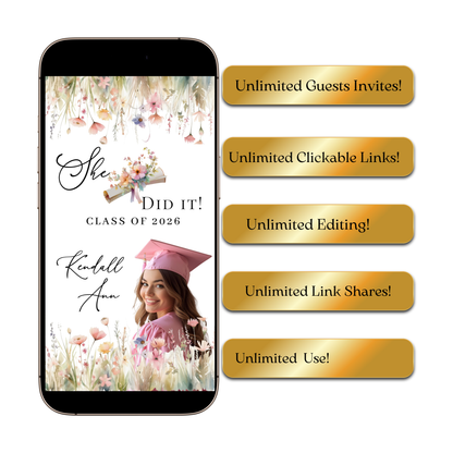 Graduation Party Video Invitation | Spring Floral Graduation Invite for Her | Editable Online RSVP Evite Canva Template