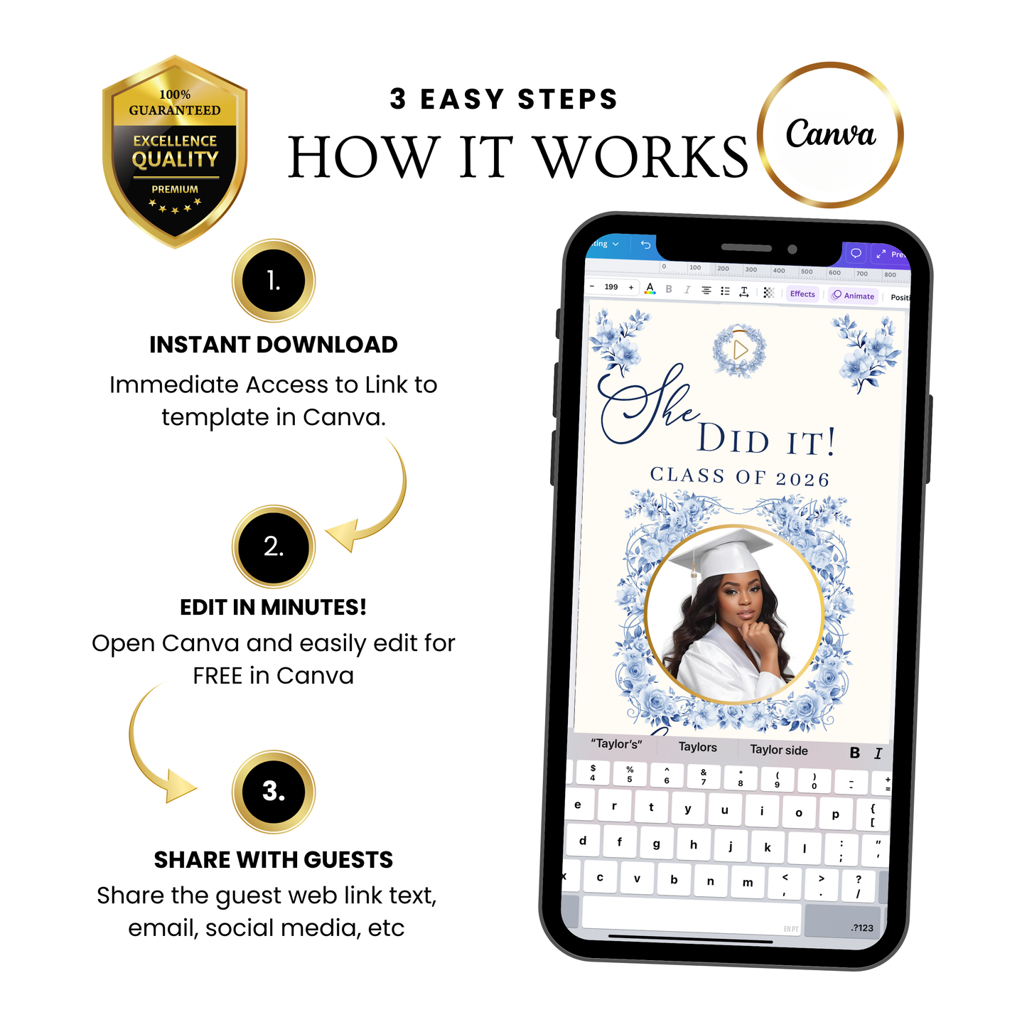 Einladung zur Abschlussfeier 2026 | Canva-Vorlage für Antwortmöglichkeit mit Musik | Blaues Blumenmuster für sie