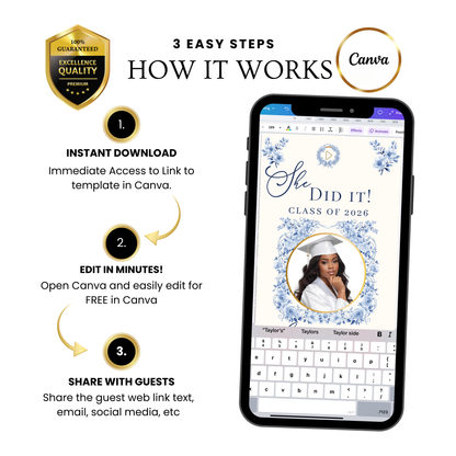 Einladung zur Abschlussfeier 2026 | Canva-Vorlage für Antwortmöglichkeit mit Musik | Blaues Blumenmuster für sie